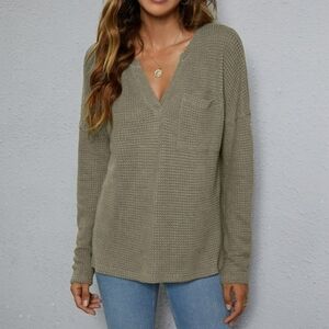 Boutique Waffleknit Oversized Shirt Sage Green Pocket Boho Casual Classic L